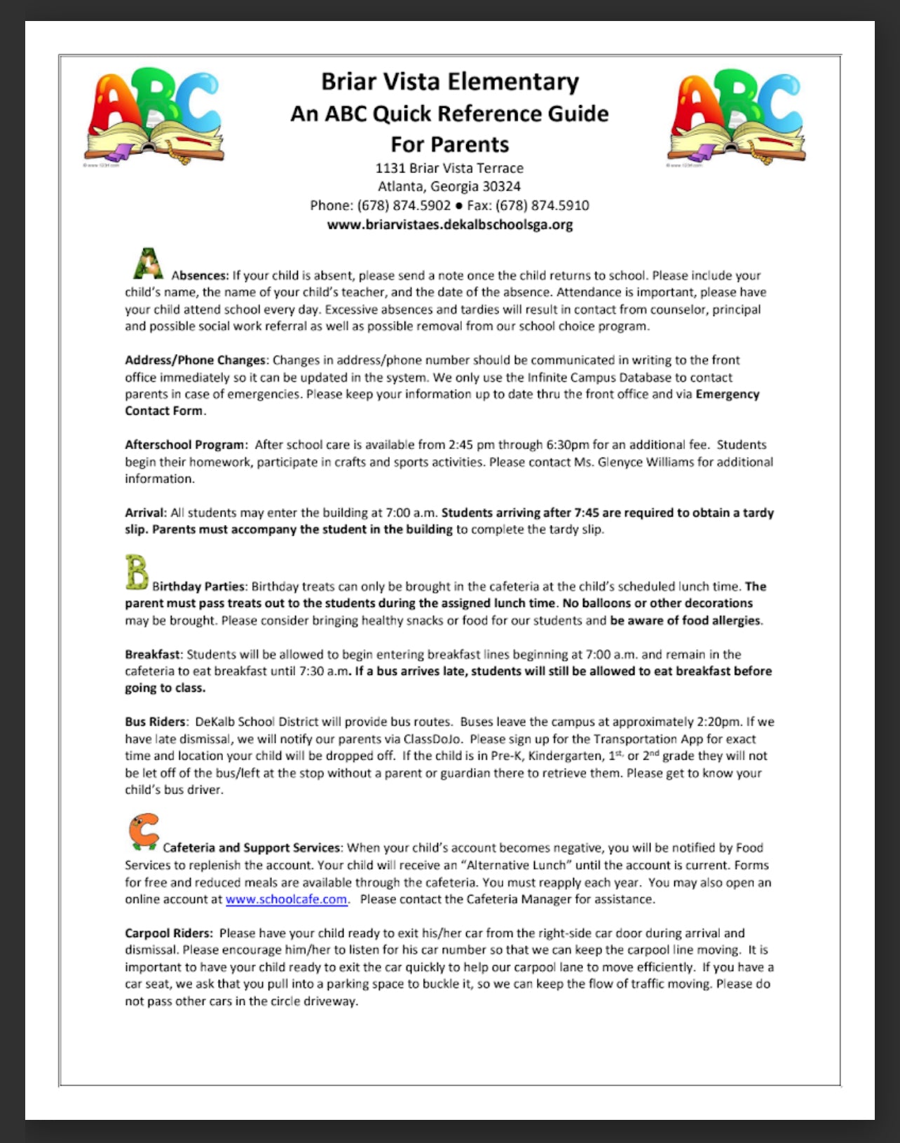 Briar Vista Elementary An ABC Quick Reference Guide for Parents